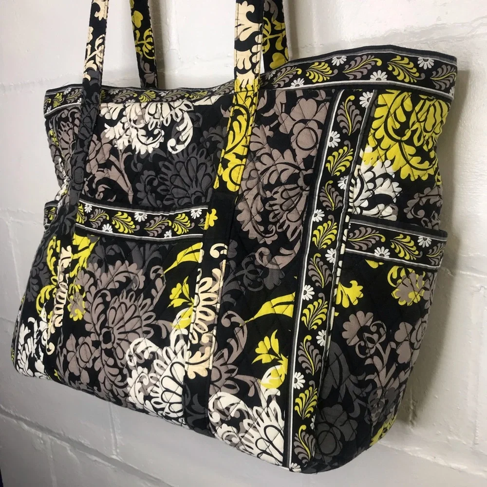 Vera Bradley Baroque Quilted Large Tote Bag Zipper Top Black Yellow Travel - Picture 2 of 10
